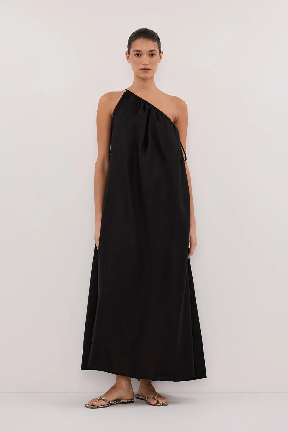 ALMA BLACK ASYM LINEN MIDI DRESS sold by Dissh