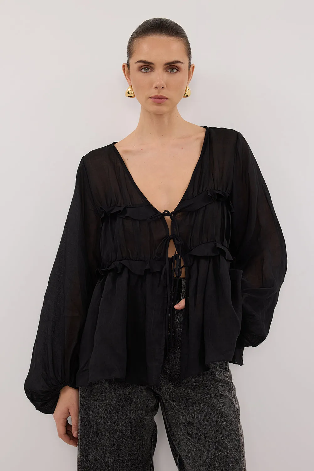 MILA BLACK RAMIE LONG SLEEVE FRILL TOP sold by Dissh product image thumbnail 3