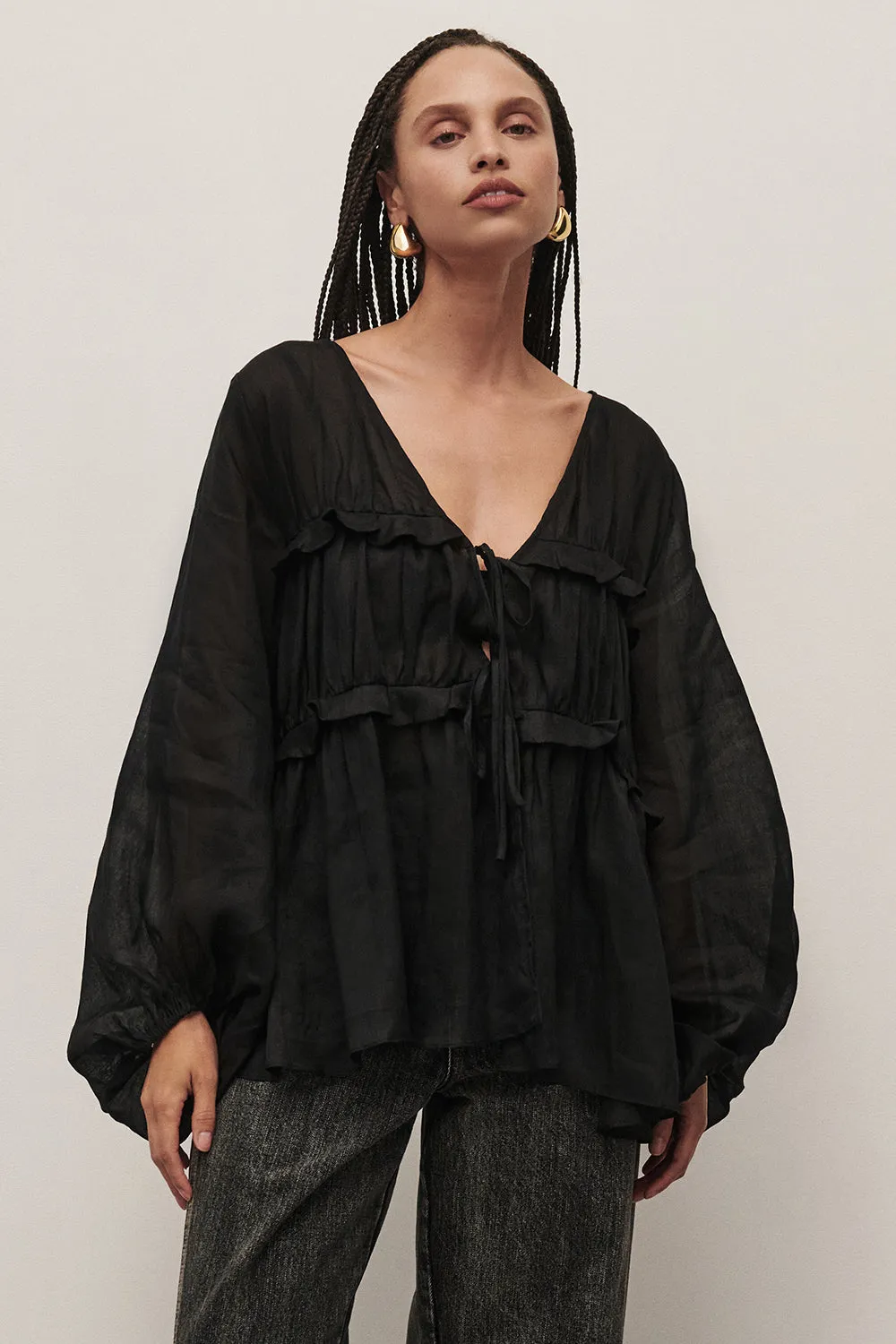 MILA BLACK RAMIE LONG SLEEVE FRILL TOP sold by Dissh