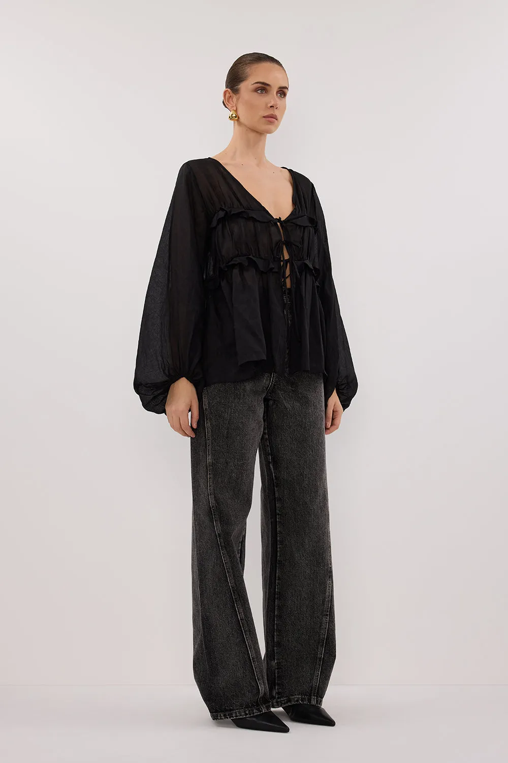 MILA BLACK RAMIE LONG SLEEVE FRILL TOP sold by Dissh product image thumbnail 4