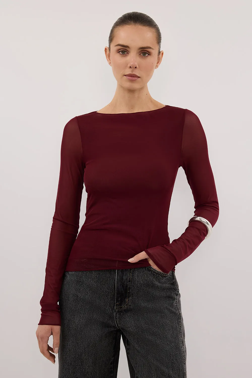 NYRA WINE LONG SLEEVE MESH TOP sold by Dissh product image thumbnail 3