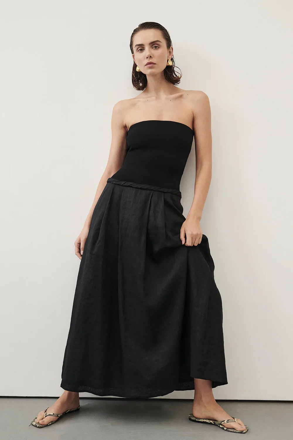 COCO BLACK STRAPLESS HYBRID MIDI DRESS sold by Dissh
