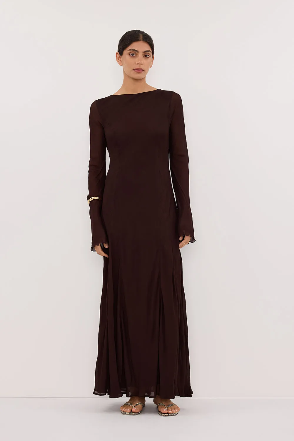 ELODIE DARK CHOC LONG SLEEVE MAXI DRESS sold by Dissh
