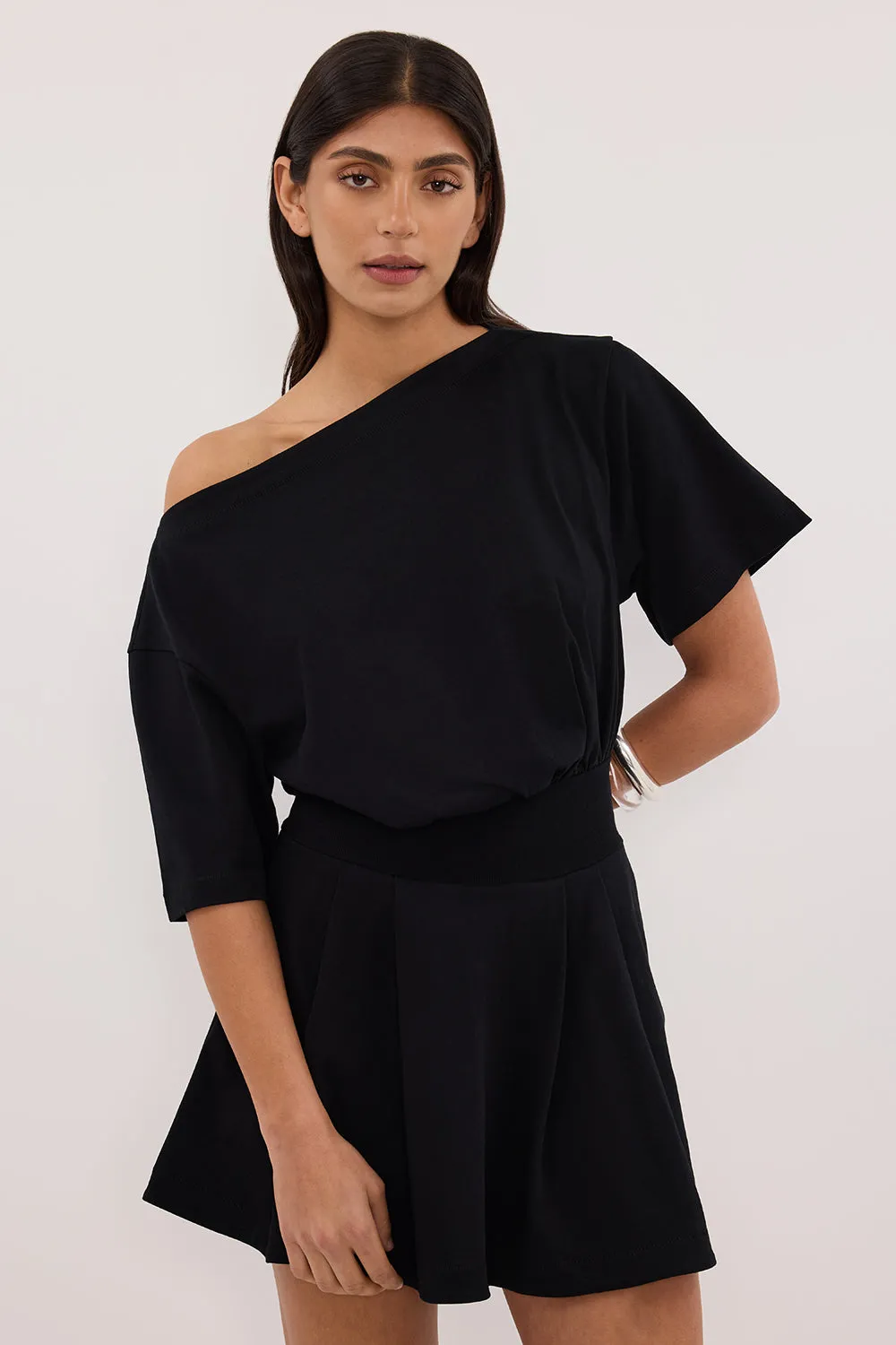 ESME BLACK ASYM MINI DRESS sold by Dissh