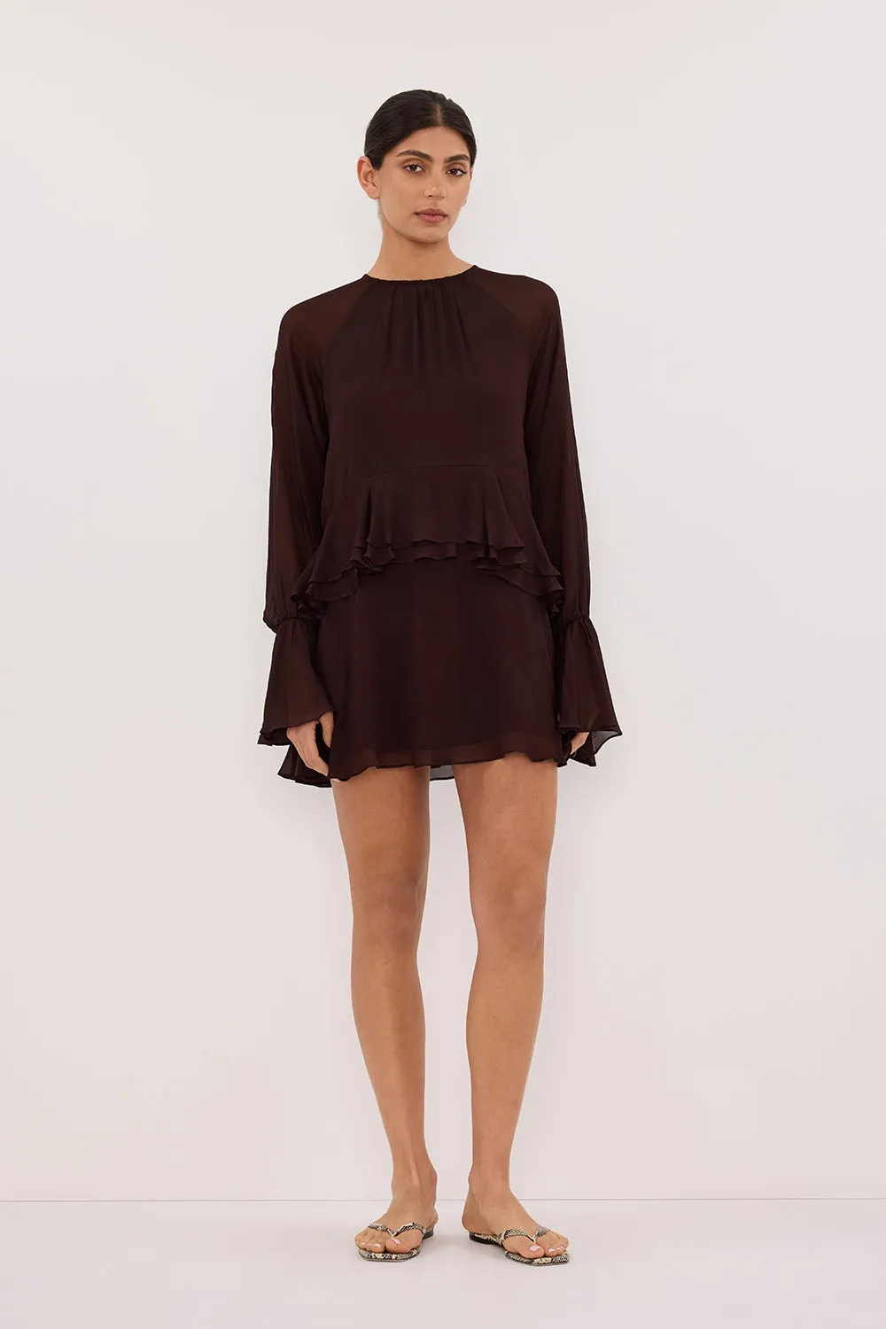 BODHI DARK CHOC LONG SLEEVE MINI DRESS sold by Dissh