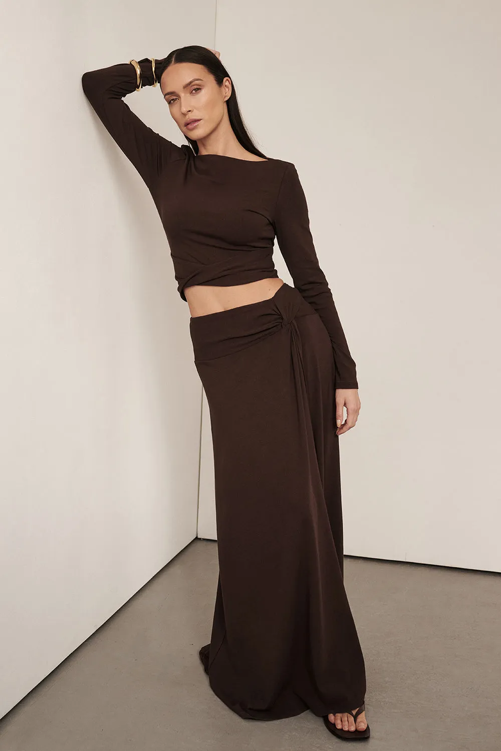 HADLEY CHOC LONG SLEEVE TWIST TOP sold by Dissh