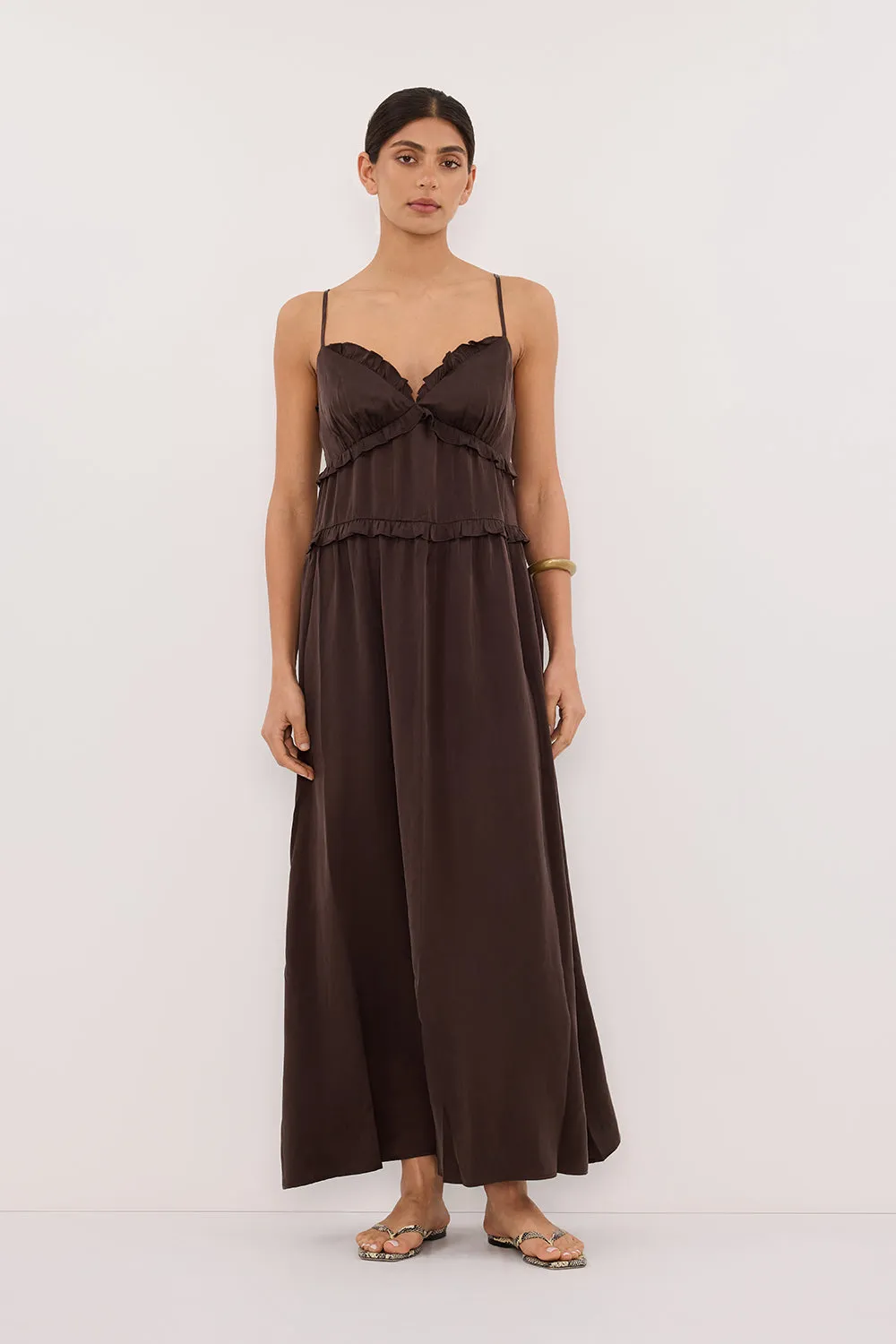 LENA BITTER CHOC SILK SLEEVELESS MAXI DRESS sold by Dissh