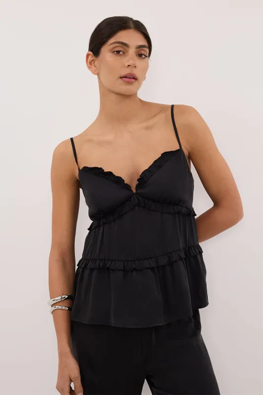 LENA BLACK SILK SLEEVELESS FRILL TOP made by Dissh