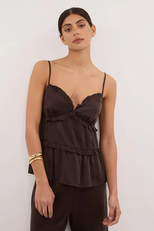LENA BITTER CHOC SILK SLEEVELESS FRILL TOP sold by Dissh