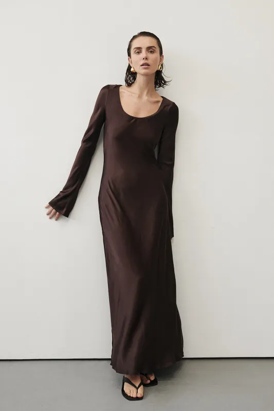 ELOISE BITTER CHOC LONG SLEEVE SATIN MIDI DRESS sold by Dissh