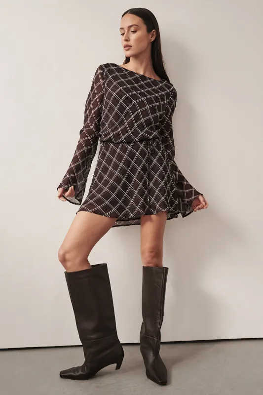 ARLINGTON CHOC LONG SLEEVE BOAT NECK MINI DRESS sold by Dissh