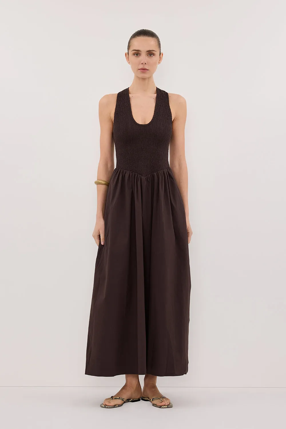 FLORENCE BURNT CHOC COTTON MIDI DRESS sold by Dissh
