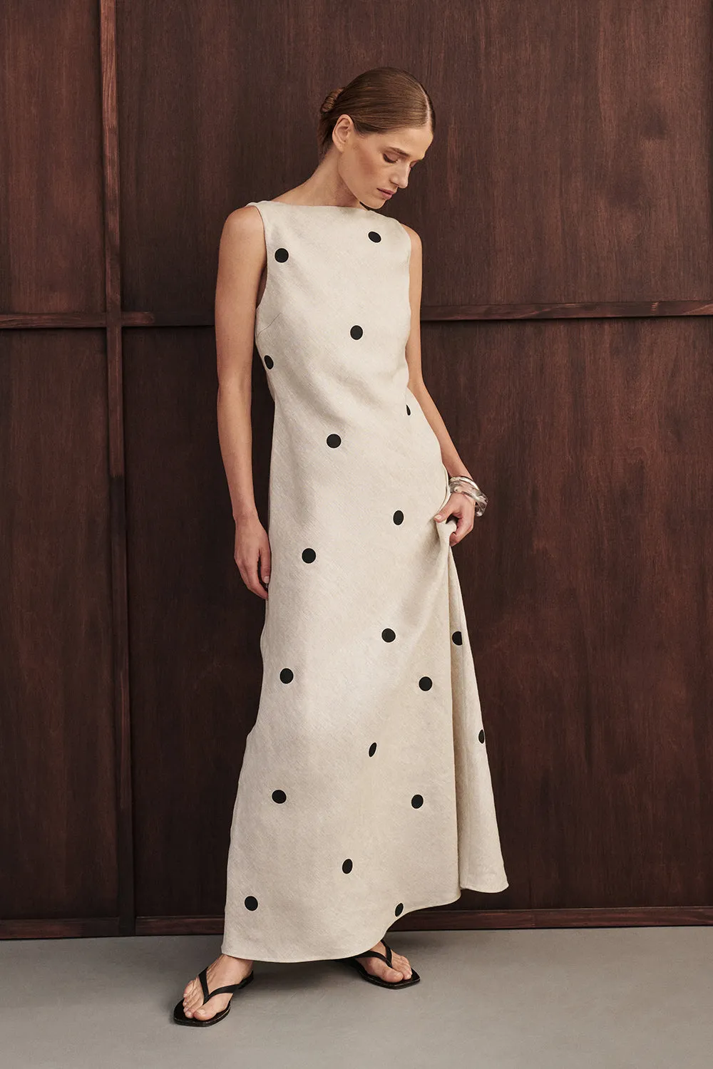 BEVERLY NATURAL SPOT LINEN MIDI DRESS sold by Dissh