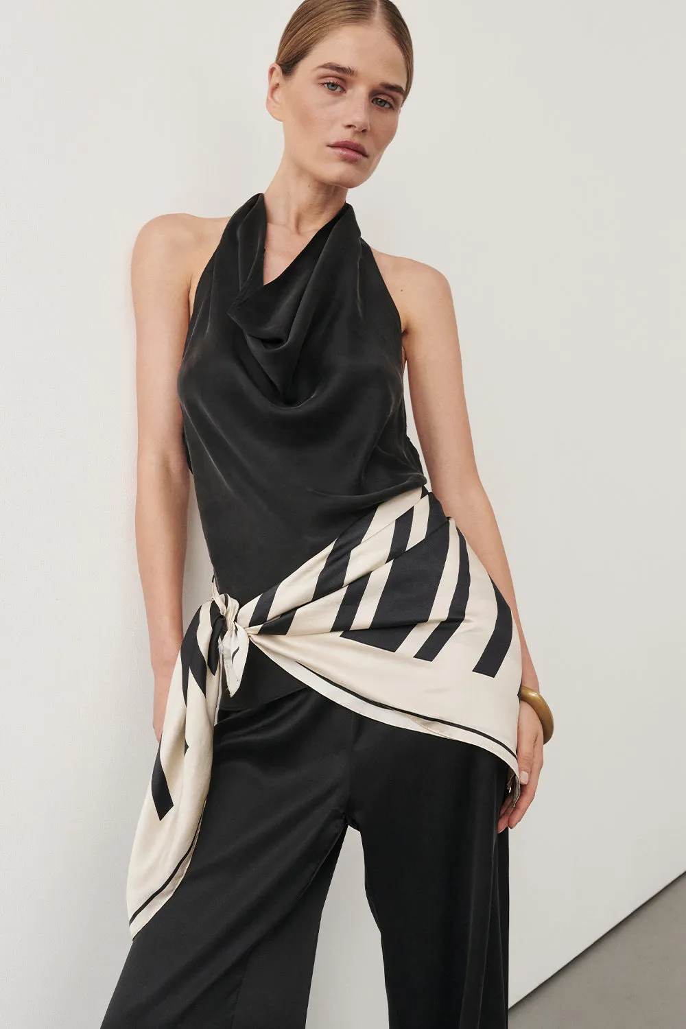 CARLENE BLACK SILK COWL NECK TOP sold by Dissh