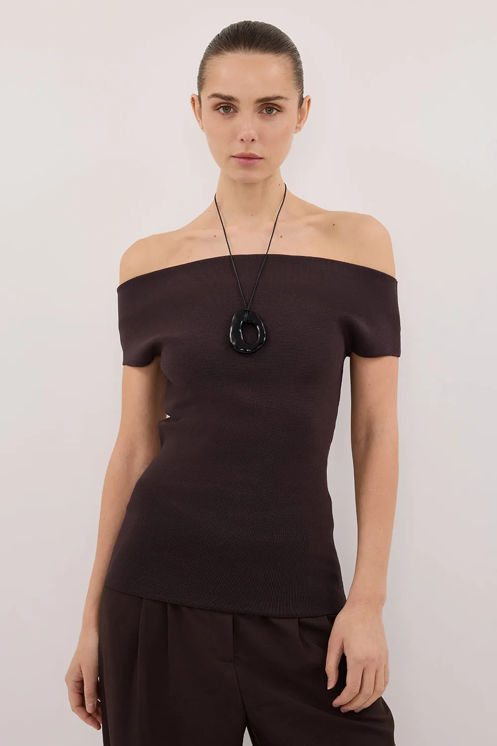 ASTRID BURNT CHOC OFF SHOULDER KNIT TOP sold by Dissh product image thumbnail 3