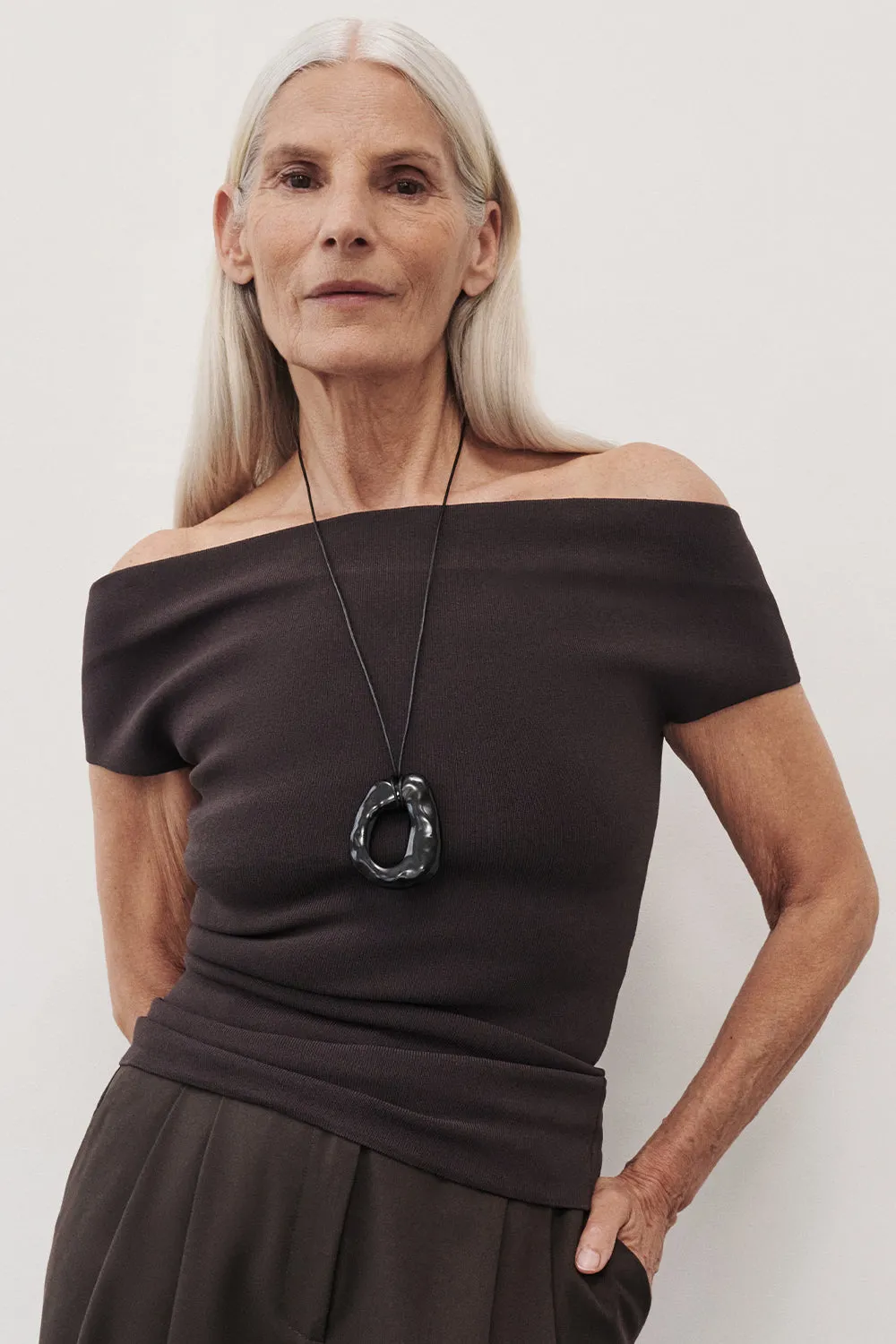 ASTRID BURNT CHOC OFF SHOULDER KNIT TOP sold by Dissh