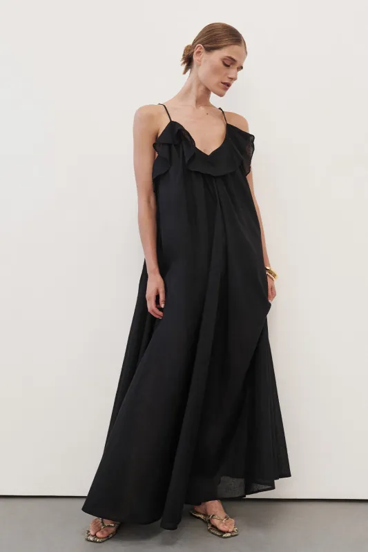 CAPRI BLACK LINEN BLEND MAXI DRESS sold by Dissh