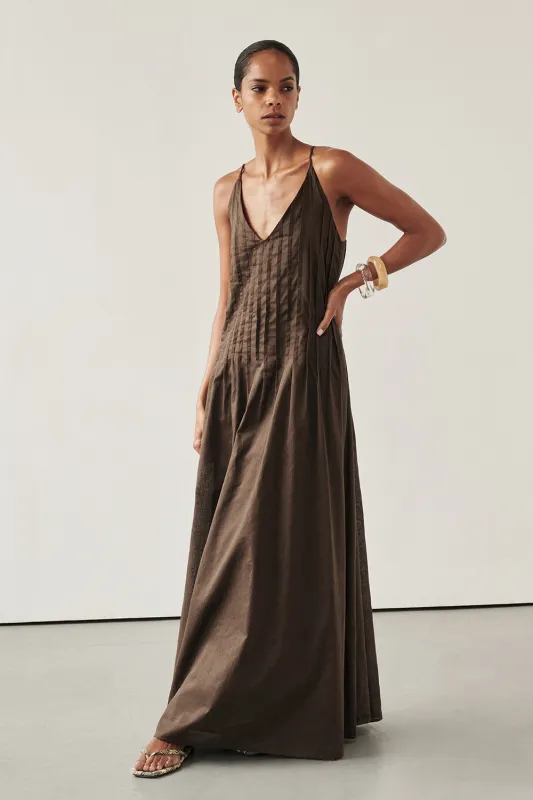 TAHLIA BITTER CHOC LINEN BLEND MAXI DRESS sold by Dissh
