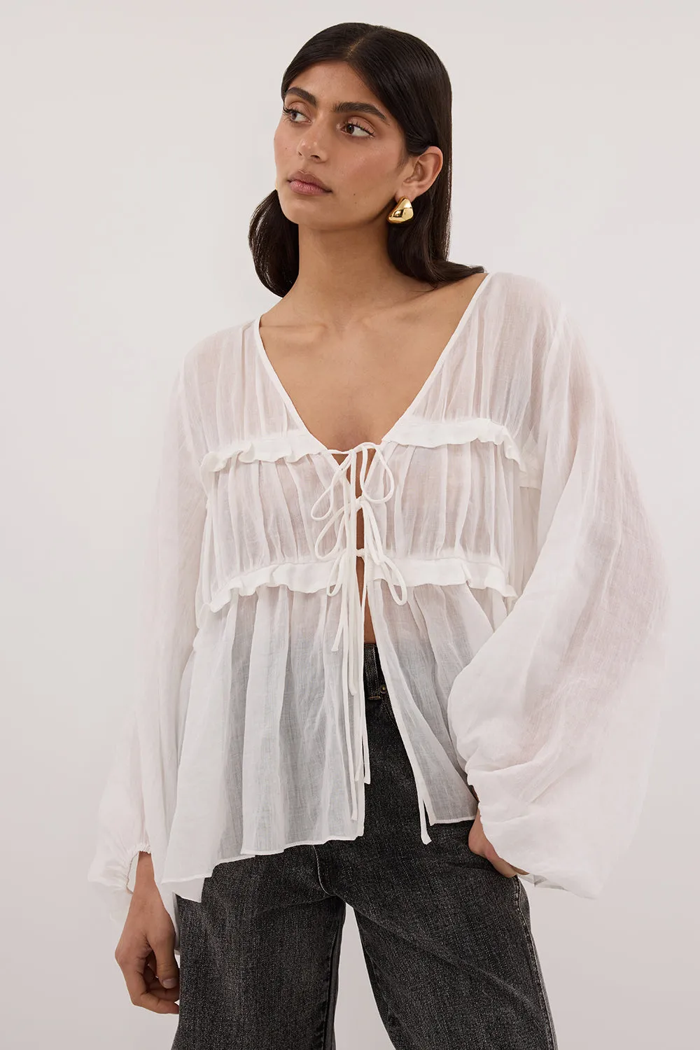MILA WHITE RAMIE LONG SLEEVE FRILL TOP sold by Dissh product image thumbnail 2