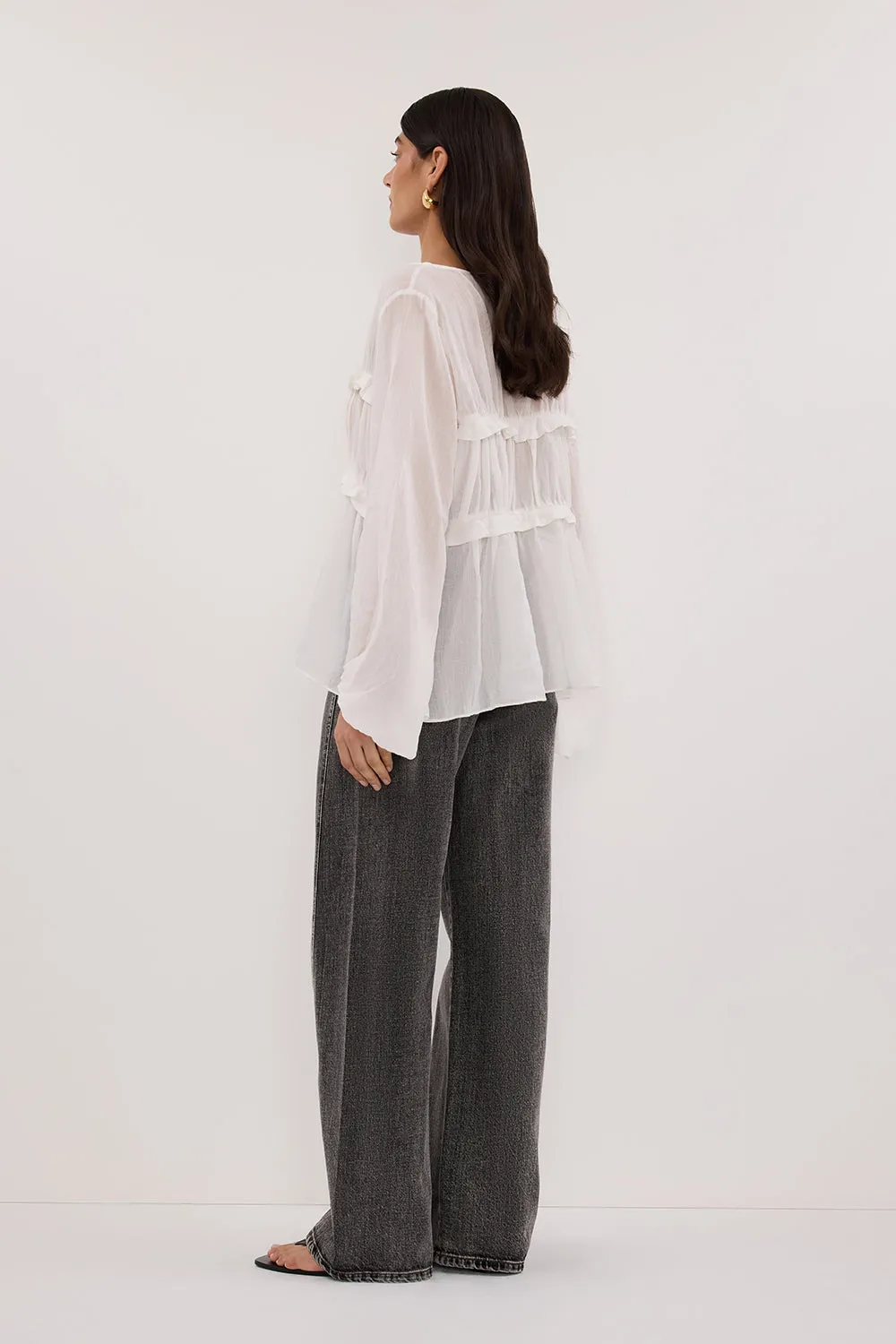 MILA WHITE RAMIE LONG SLEEVE FRILL TOP sold by Dissh product image thumbnail 4