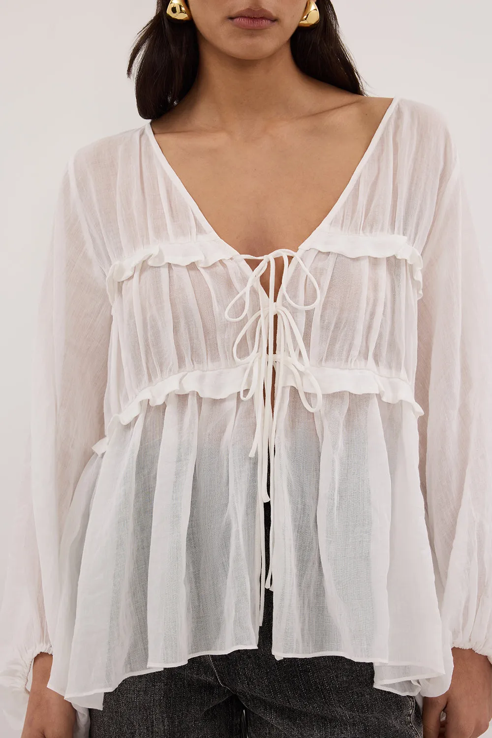 MILA WHITE RAMIE LONG SLEEVE FRILL TOP sold by Dissh product image thumbnail 5