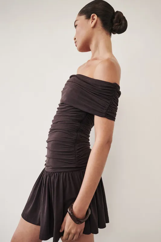 FEZ BURNT CHOC OFF SHOULDER MINI DRESS sold by Dissh