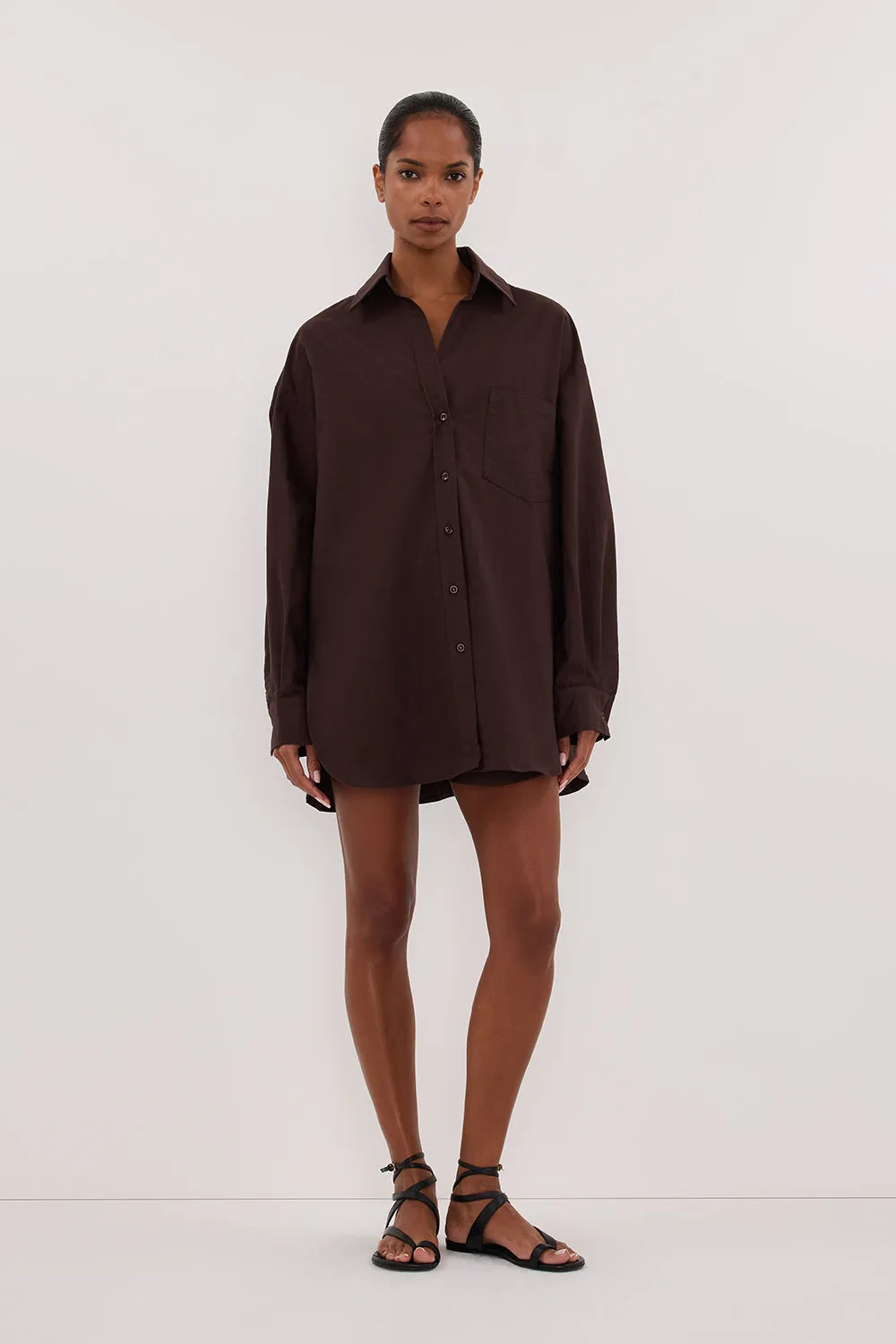 RHEA 2.0 BURNT CHOC OVERSIZED COTTON SHIRT sold by Dissh