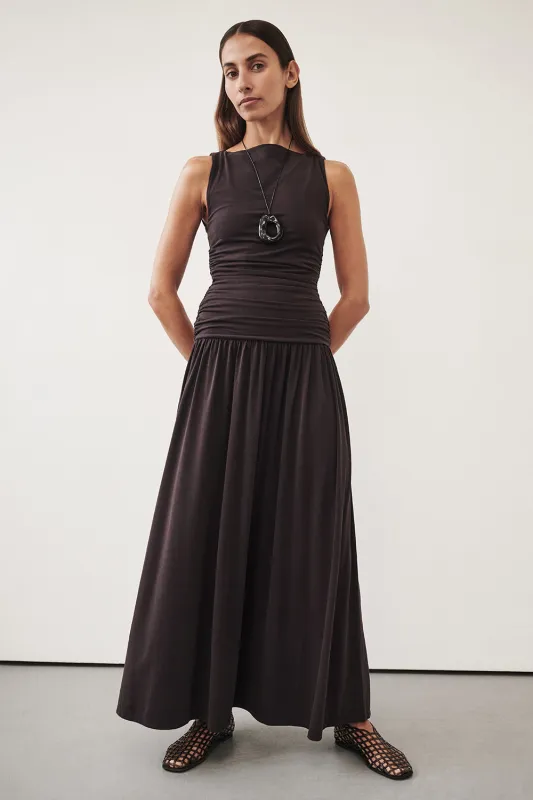 MEG BURNT CHOC SLEEVELESS KNIT MIDI DRESS sold by Dissh