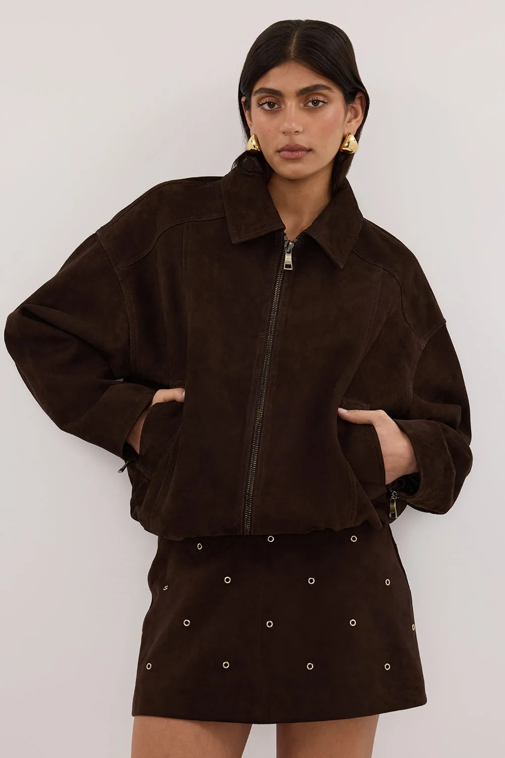 DENVER BITTER CHOC SUEDE LEATHER BOMBER JACKET sold by Dissh product image thumbnail 3