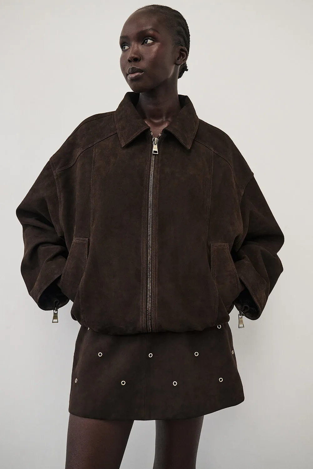 DENVER BITTER CHOC SUEDE LEATHER BOMBER JACKET sold by Dissh