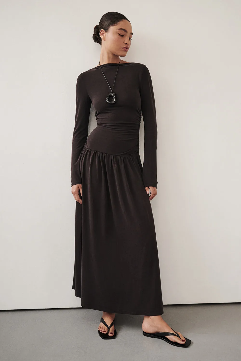 MEG BURNT CHOC LONG SLEEVE KNIT MIDI DRESS sold by Dissh
