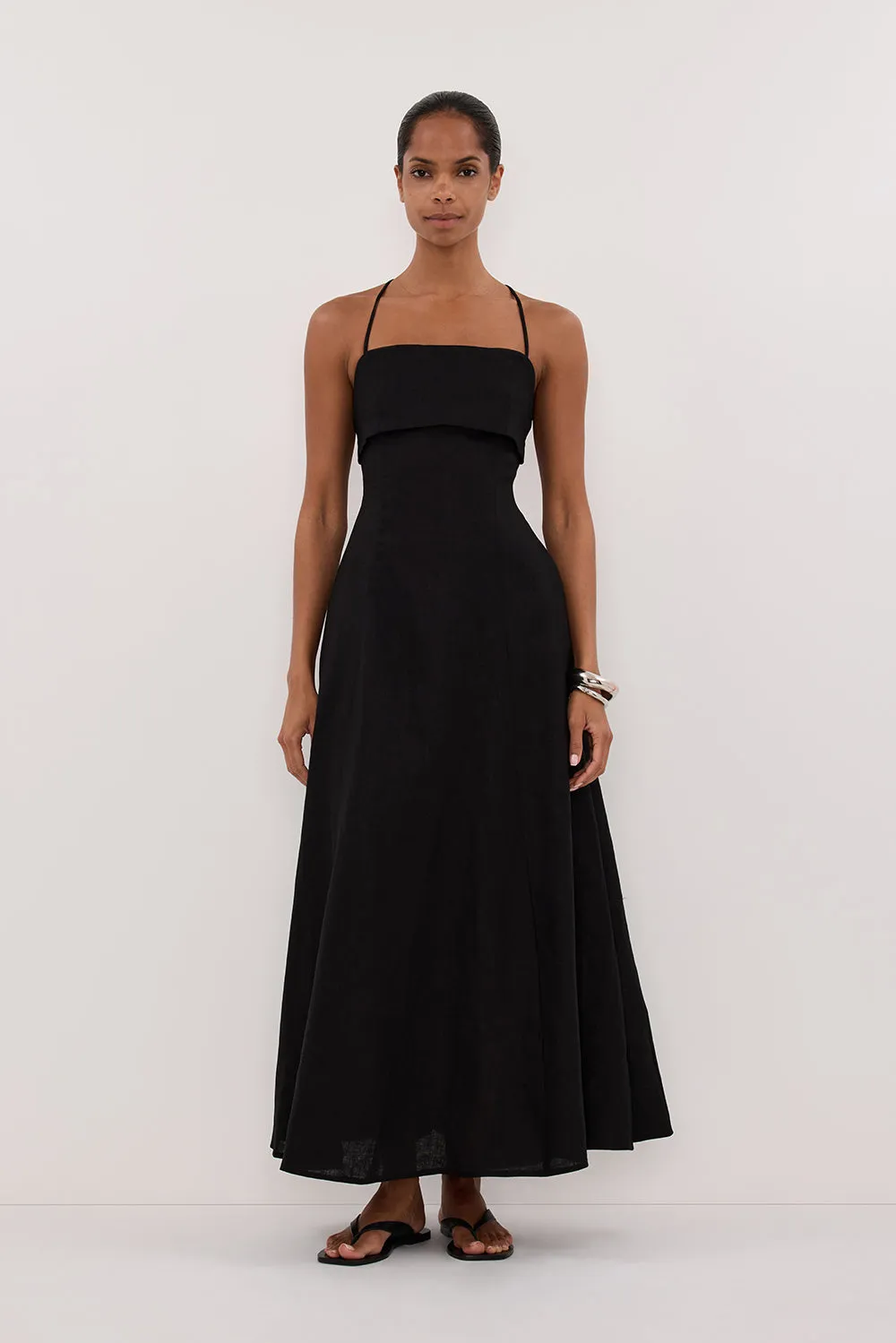 DANIELLA BLACK LINEN TIE BACK MIDI DRESS sold by Dissh