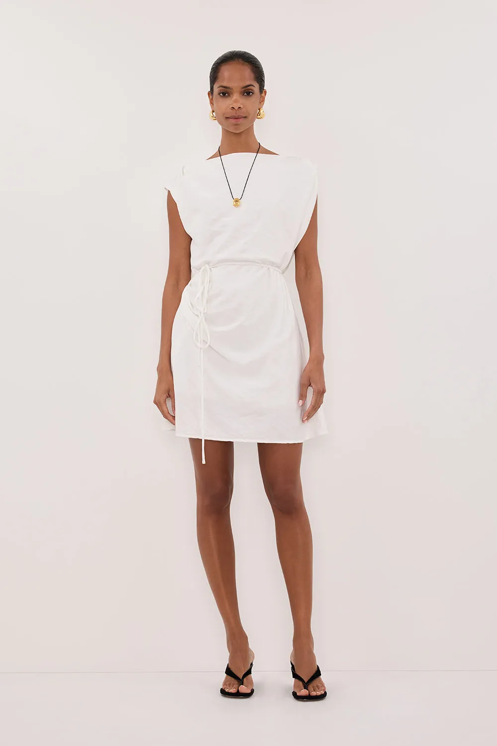 MARMO WHITE DRAPED MINI DRESS sold by Dissh