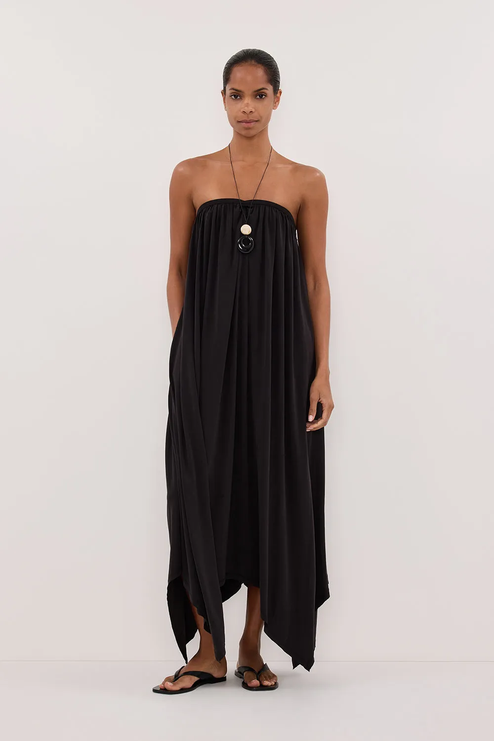 AVA BLACK STRAPELESS MIDI DRESS sold by Dissh