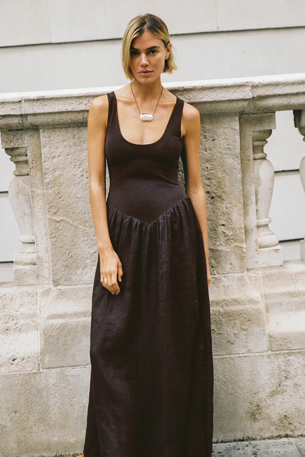 SKYLER BURNT CHOC HYBRID MIDI DRESS sold by Dissh