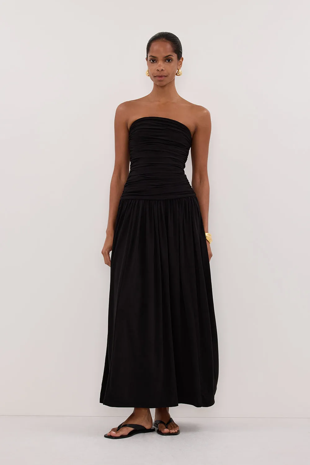 SHARI BLACK STRAPLESS BANDEAU MIDI DRESS sold by Dissh