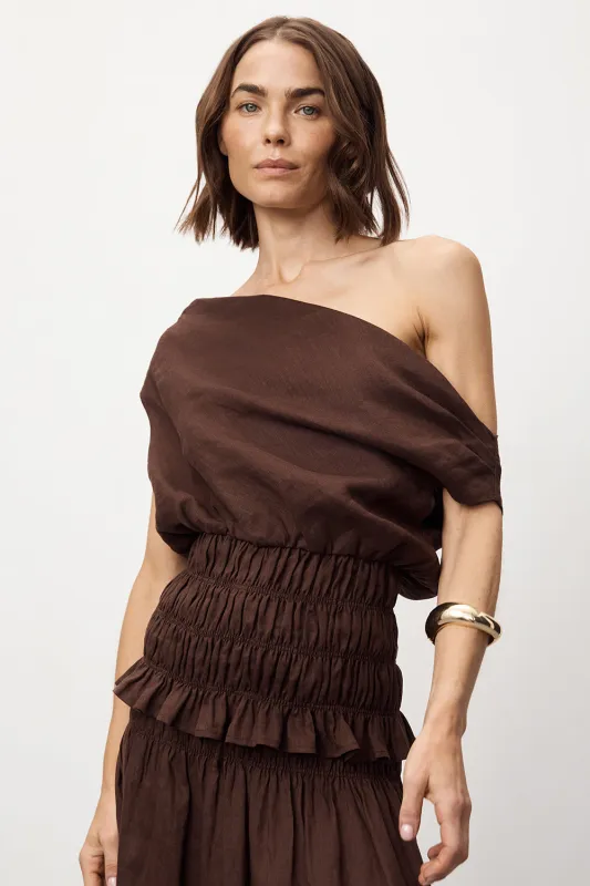 MAIA COCOA SLEEVELESS LINEN SHIRRED TOP sold by Dissh