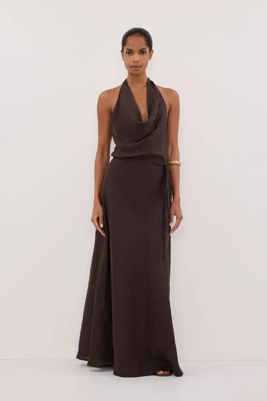 HAYLEE BURNT CHOC SLEEVELESS LINEN COWL DRESS - PRE ORDER sold by Dissh