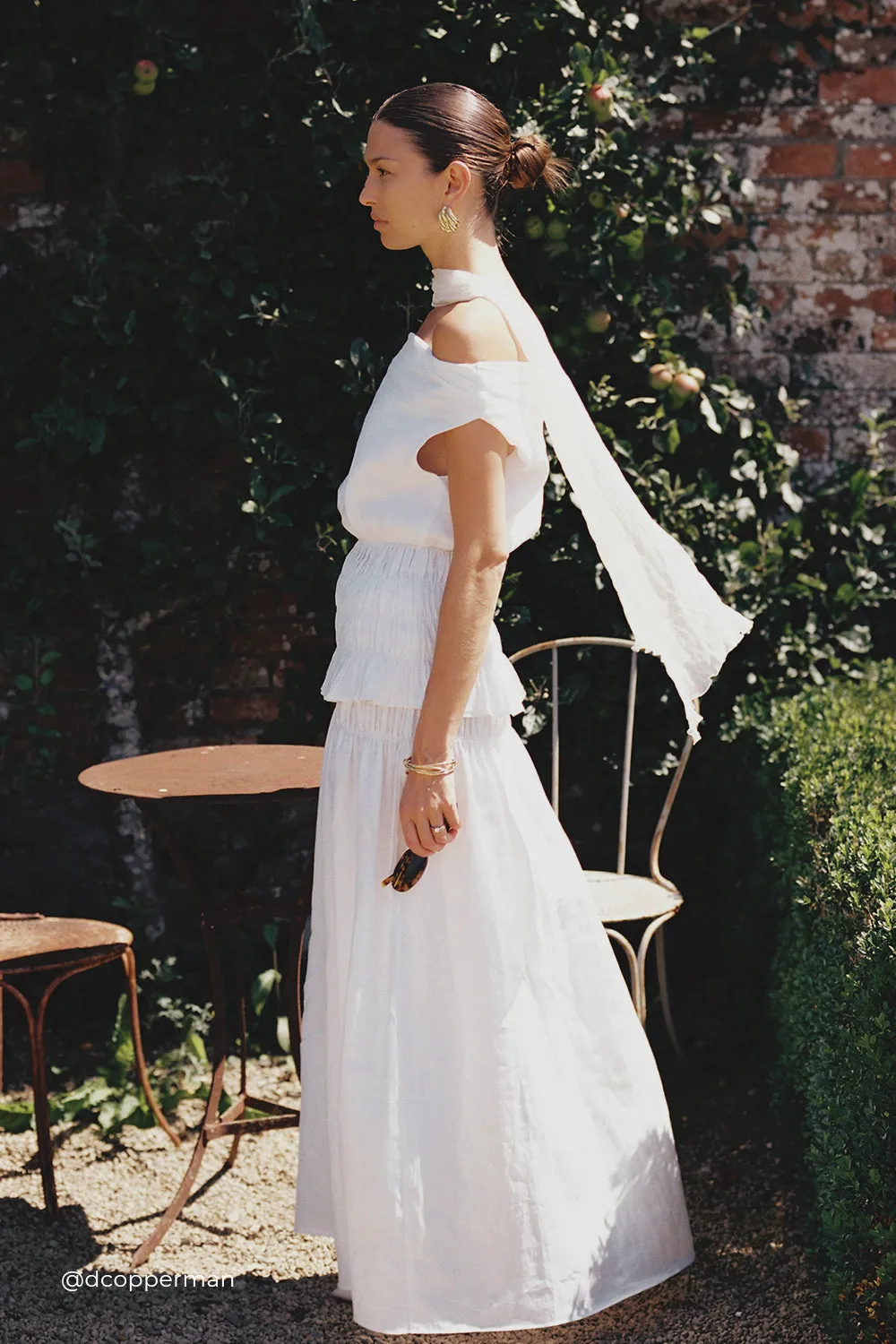 MAIA WHITE LINEN SHIRRED MIDI SKIRT sold by Dissh