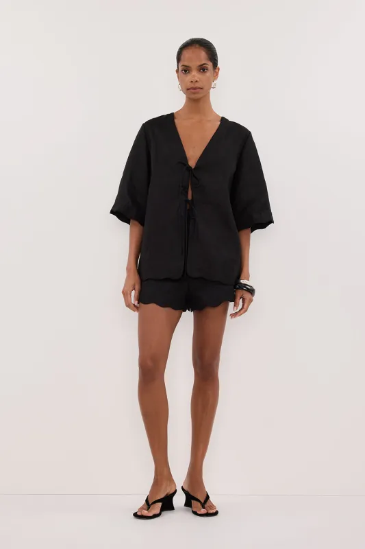 LELA BLACK SHORT SLEEVE LINEN SHIRT sold by Dissh