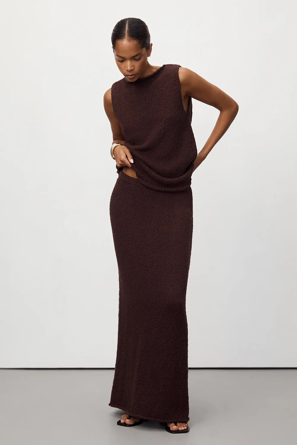 DINA CHOC KNIT MIDI SKIRT sold by Dissh