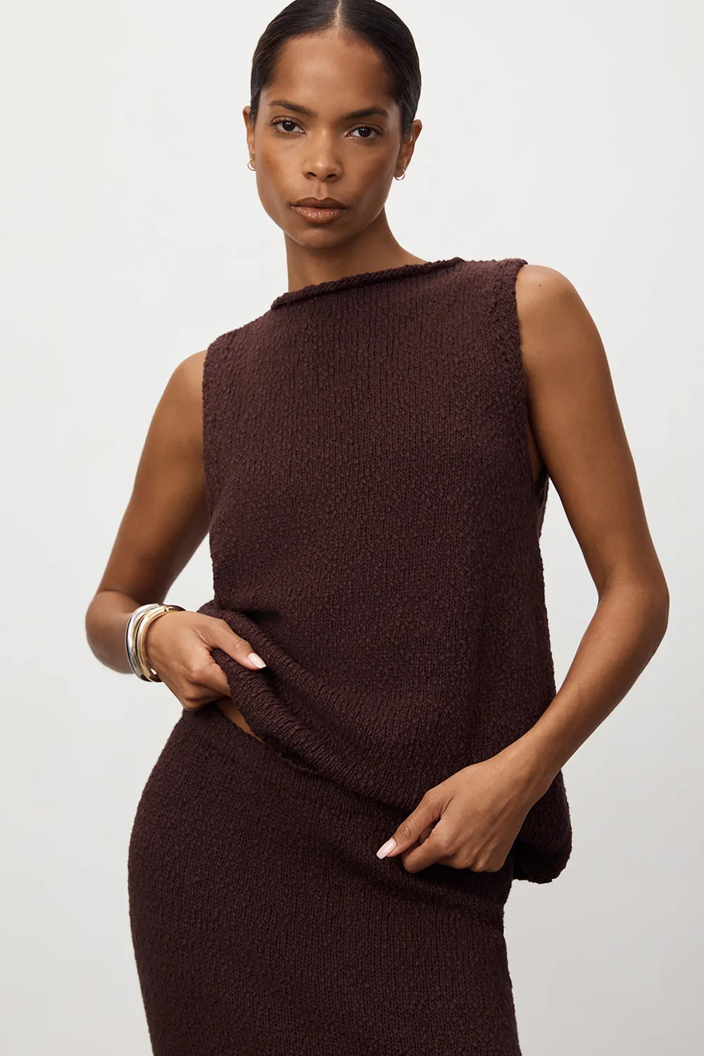 DINA CHOC SLEEVELESS KNIT TOP sold by Dissh
