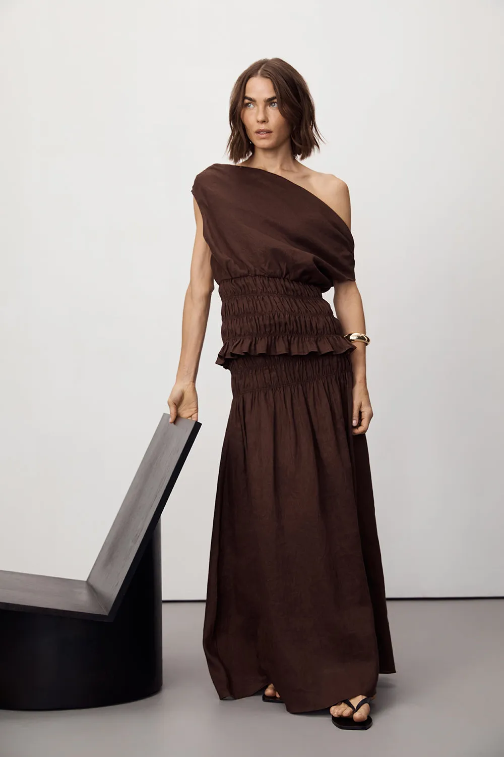 MAIA COCOA LINEN SHIRRED MIDI SKIRT sold by Dissh