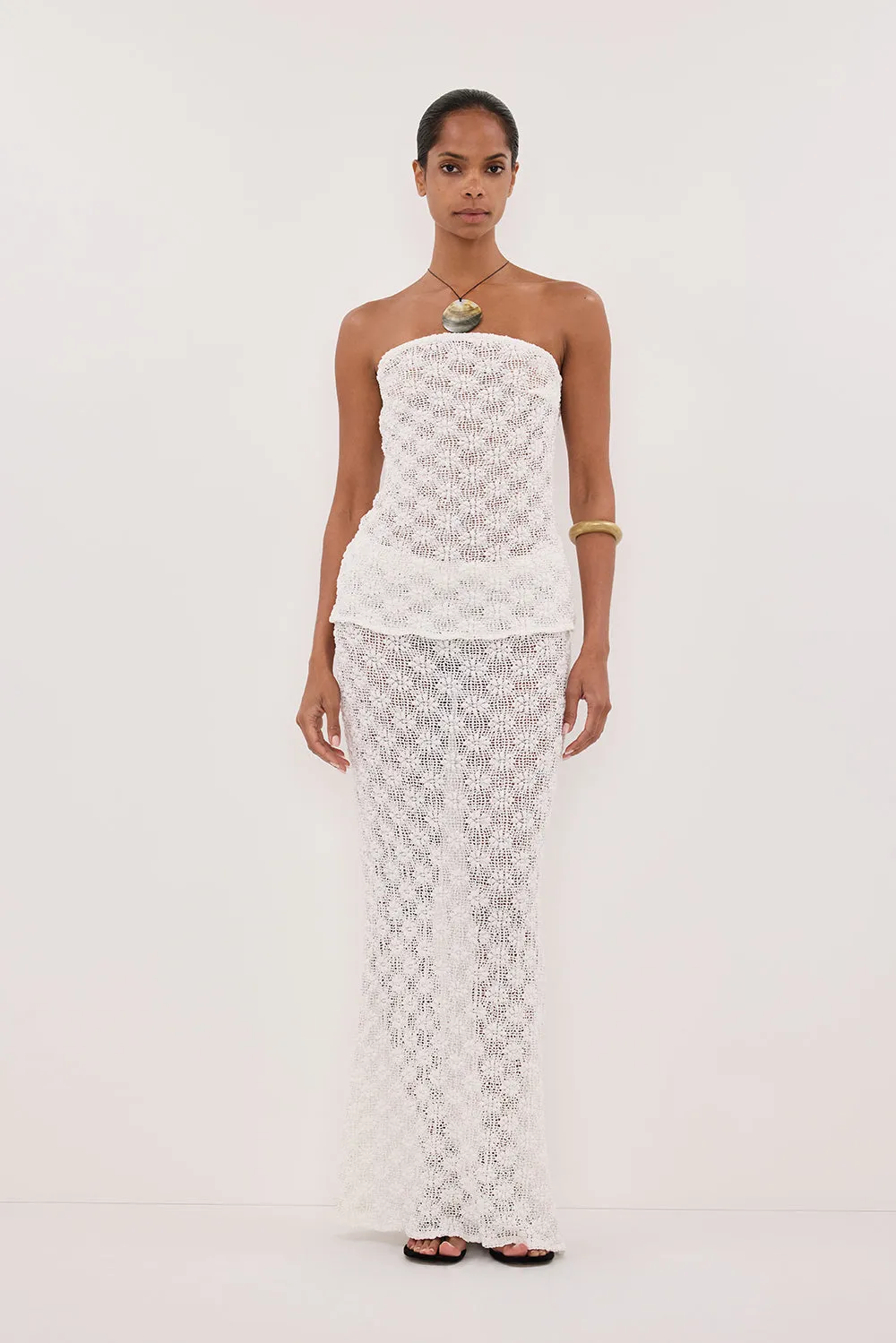 AGNES WHITE CROCHET COLUMN MIDI SKIRT sold by Dissh
