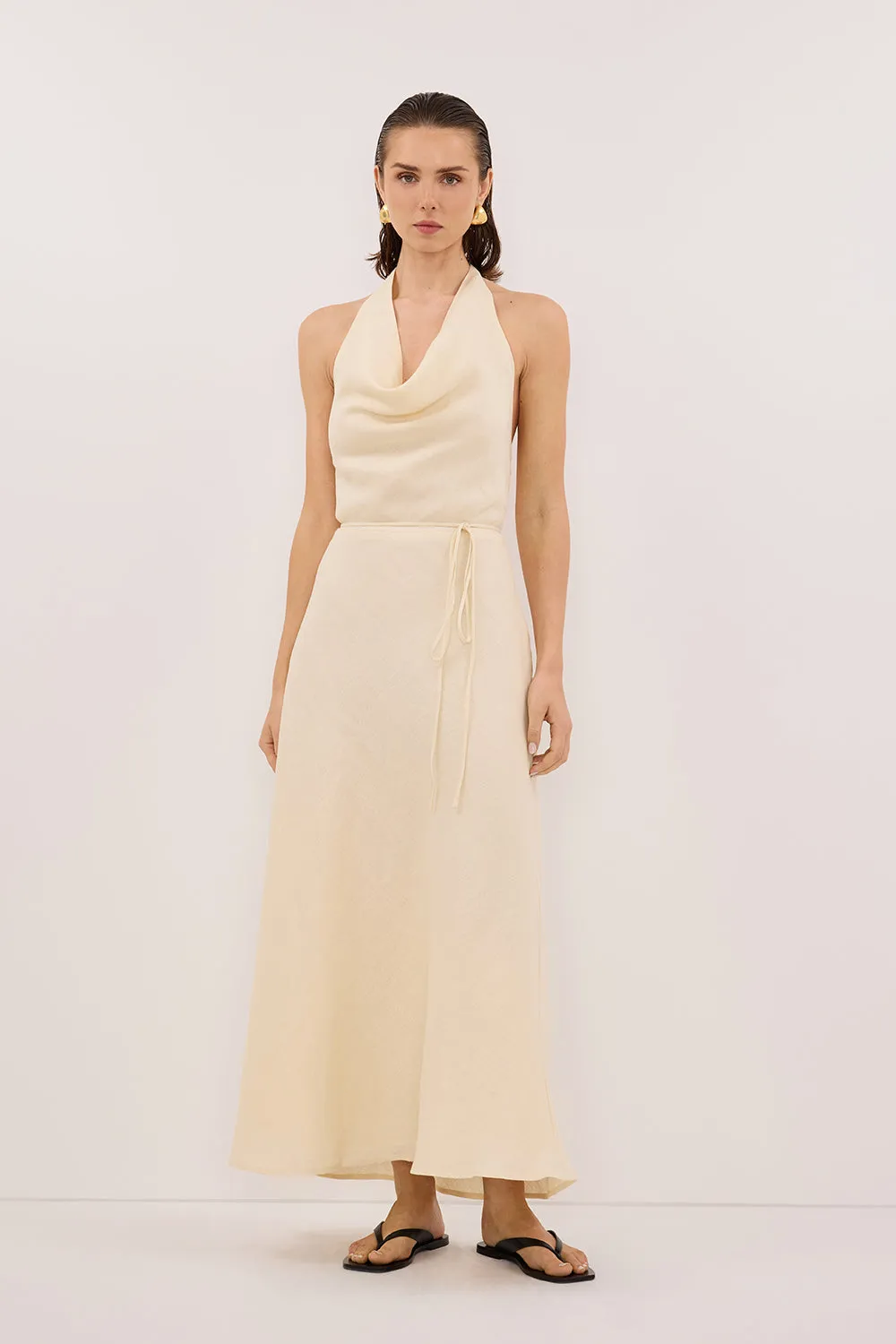 HAYLEE STRAW SLEEVELESS LINEN COWL MIDI DRESS sold by Dissh
