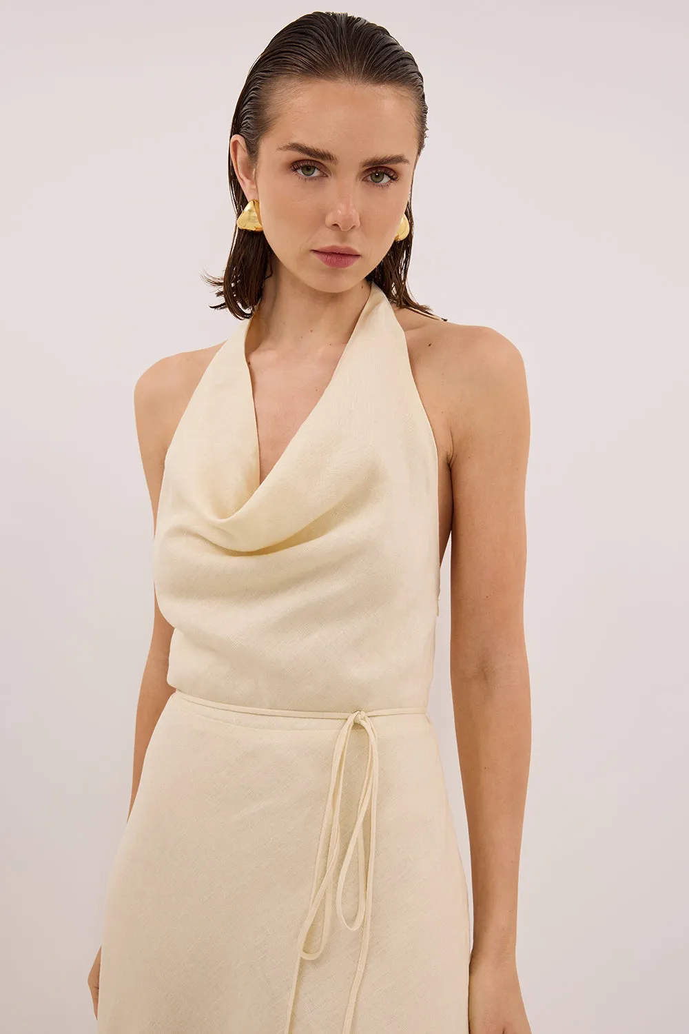 HAYLEE STRAW SLEEVELESS LINEN COWL MIDI DRESS sold by Dissh product image thumbnail 5