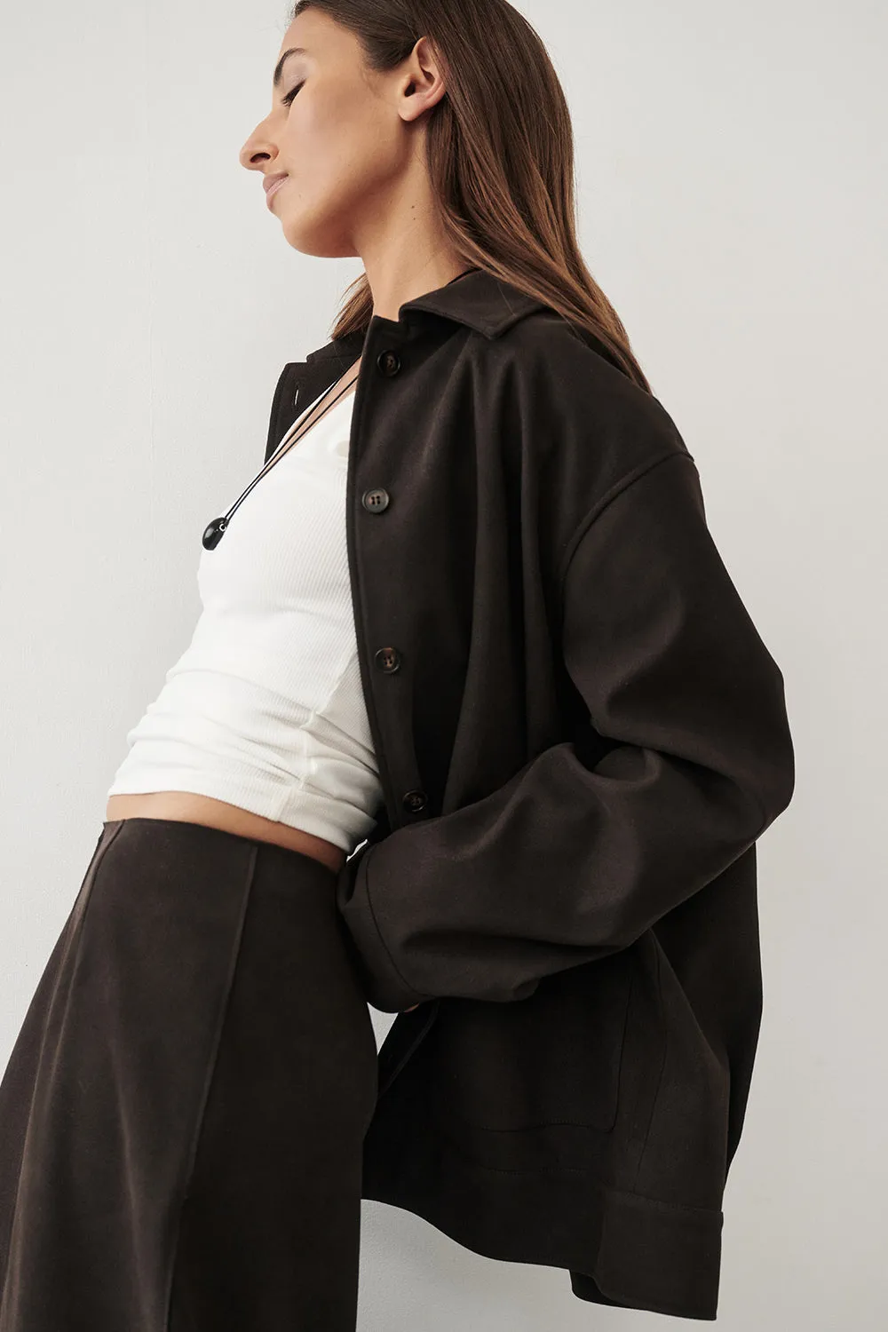 OTIS BITTER CHOC FAUX SUEDE JACKET sold by Dissh