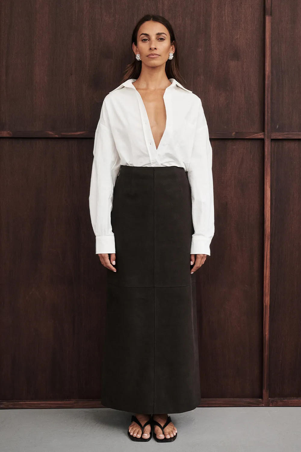OTIS BITTER CHOC FAUX LEATHER MIDI SKIRT sold by Dissh