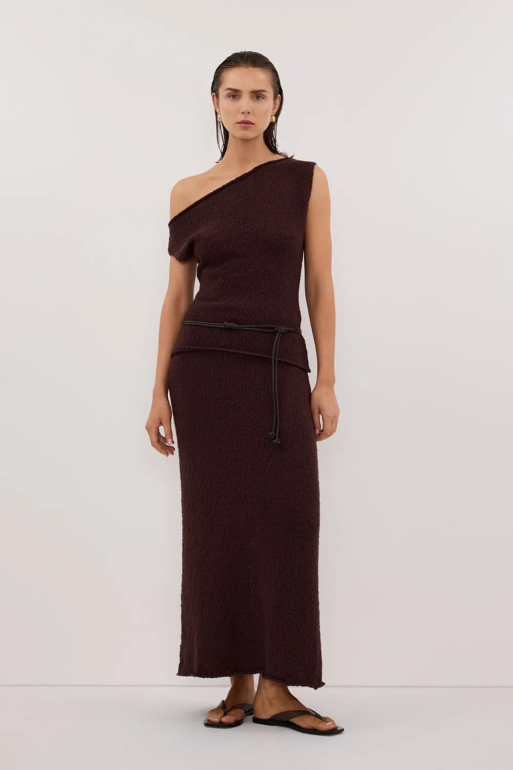 DINA CHOC COTTON ASYM KNIT TOP sold by Dissh