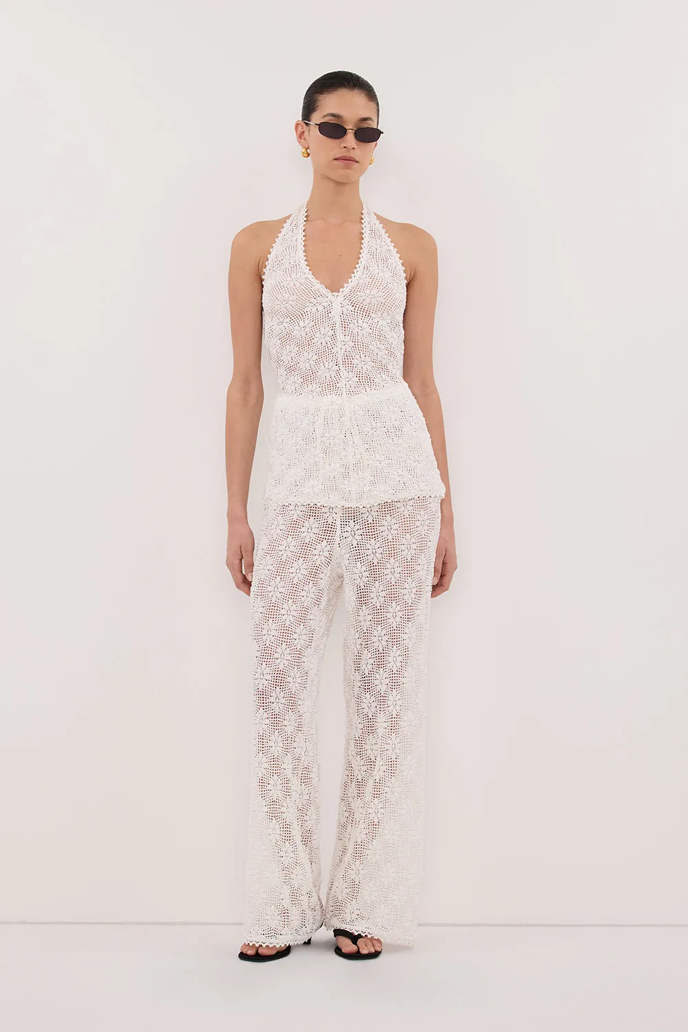 AGNES WHITE CROCHET WIDE LEG PANT sold by Dissh